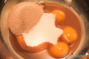You have to combine the egg yolks, sugar, cappuccino (liquid & powder) in a bowl over a pot of boiling water. 