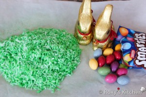 Easter Cake - Decorations: green coconut grass, chocolate bunnies, smarties eggs