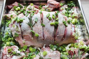 Roasted Lamb with Garlic & Rosemary - Chop the green garlic and add to the pan