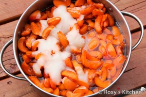 Apricot Jam - Let stand covered in the refrigerator for several hours or overnight.  The fruit will release their juice and the sugar will  start to dissolve.