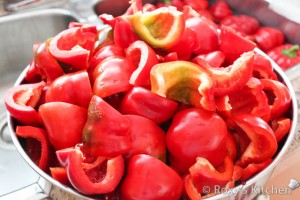 Marinated Red Pimento Peppers - Wash peppers, cut into quarters, remove the seeds and ribs (the white part inside the pepper).