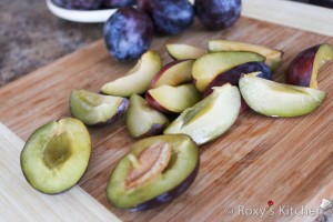 Plum Tart  - Wash, pit and cut the plums in quarters or even smaller pieces depending how big they are.