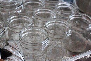 Plum Jam - Wash the jars in soapy water and rinse them thoroughly. Allow them to drip-dry for 15-20 minutes and then place them in a pan (or right on the rack) in the oven set to 225F (100C) to sterilize the jars. 
