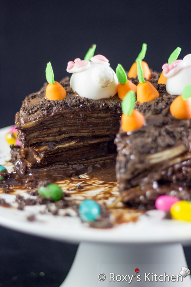 Nutella Crepe Cake Cut Out – A Unique and Simple Easter Dessert  | Roxy's Kitchen #Easter #dessert #crepecake #bunnies #carrots