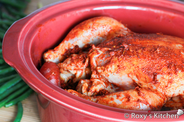 5-Ingredient Slow Cooker Whole Chicken with Veggies - Place potatoes and chicken in the slow cooker