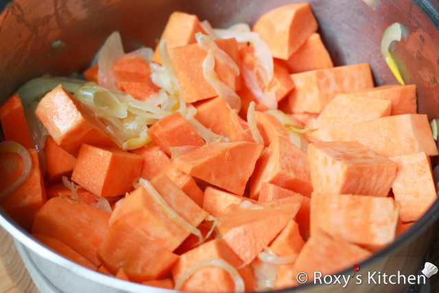 Sweet Potato Soup - Peel and dice your carrots and potatoes. Add them to the pan. 