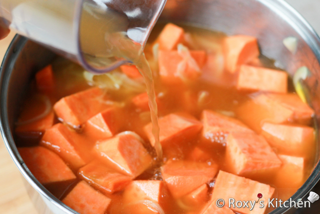 Sweet Potato Soup - Pour the chicken stock over and bring everything to a boil. Simmer for 20 minutes or until the vegetables are tender. 