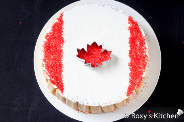 1st of July Dessert - Canadian Flag No Bake Fruit Cake - Cover the edges of the cake with sugar sprinkles to make the Canadian flag as seen in the picture. 