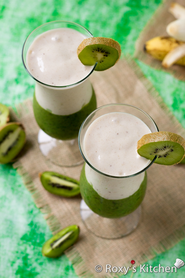 Kiwi Banana Smoothie with a Twist - This layered smoothie is perfect for a hot summer day... super refreshing, healthy, delicious and looks amazing! | Roxy's Kitchen  #smoothie #healthy #layeredsmoothie #greensmoothie