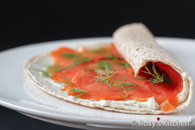 Salmon Cream Cheese Tortilla Roll-Ups - Roll tortillas, wrap them in plastic wrap and chill in the refrigerator until ready to serve.