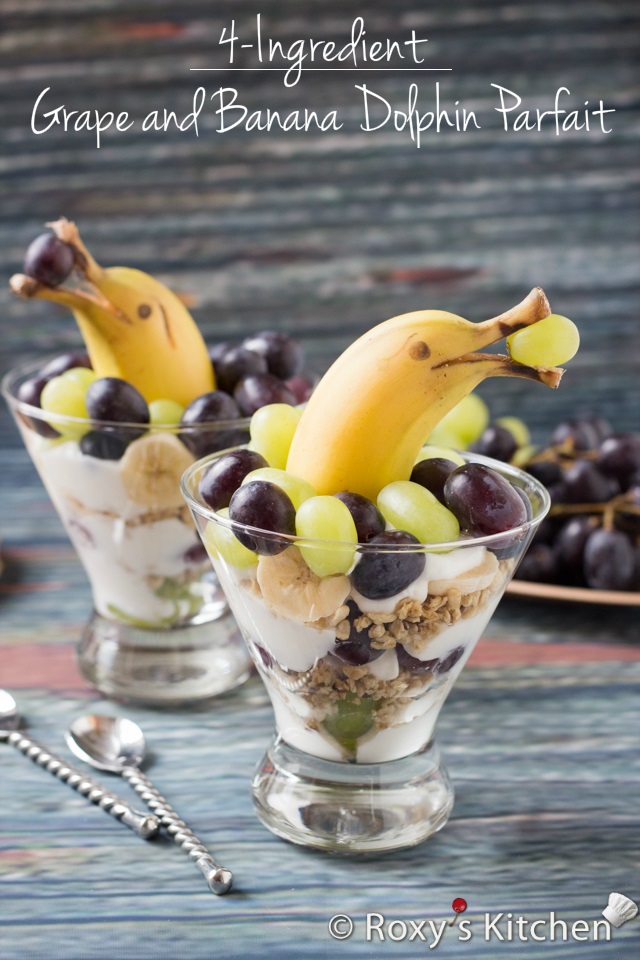 Grape and Banana Dolphin Parfait | Roxy's Kitchen #breakfast #dessert #foodart #funnyfood #foodforkids #grapes #banana #yogurt #granola 
