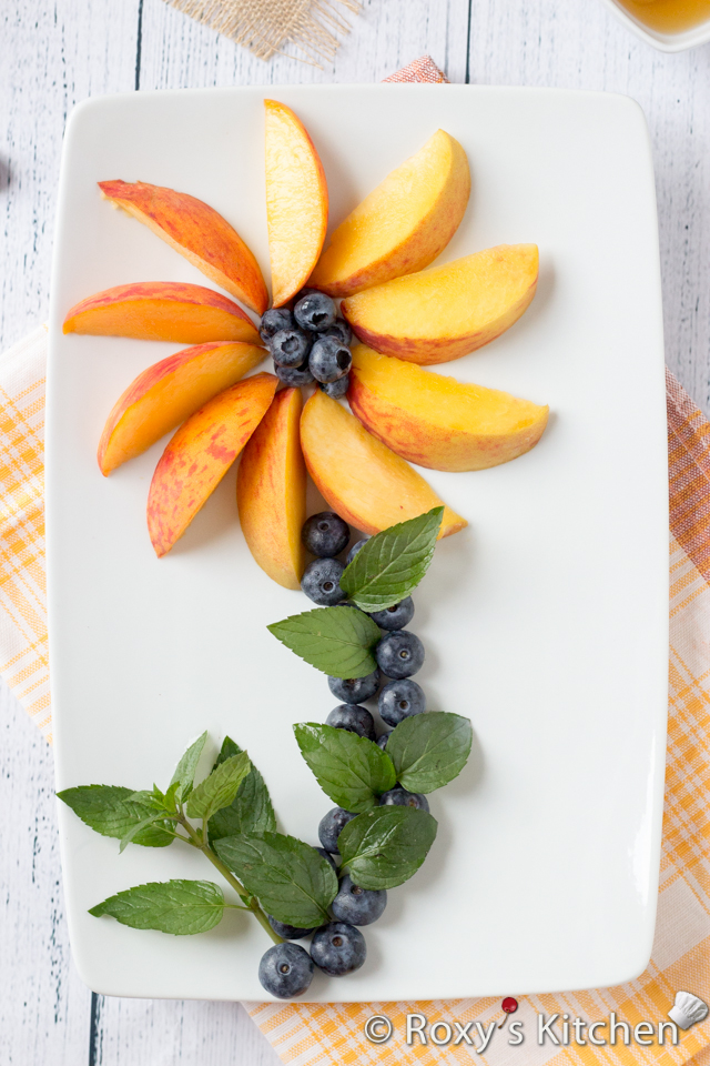 Peach Blueberry Fruit Salad with Honey-Lime Dressing - Roxy\'s Kitchen