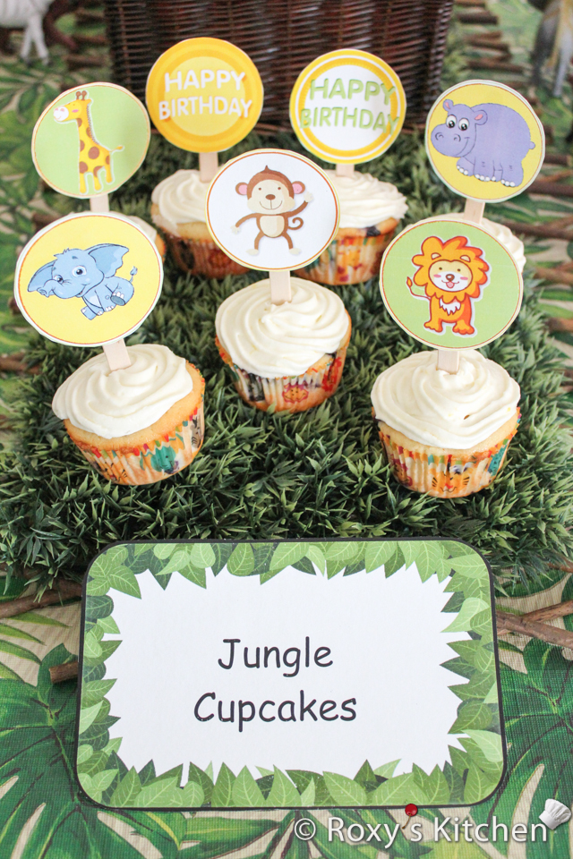 Safari / Jungle Themed First Birthday Party - Dessert Ideas: Cupcakes with FREE Printable Animals Cupcake Toppers - lion, monkey, elephant, giraffe, hippo