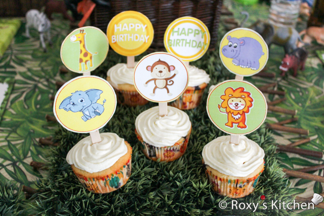 Safari Jungle Themed First Birthday Party - Jungle Animals Cupcake Topper FREE Printables - lion, elephant, giraffe, monkey, hippo