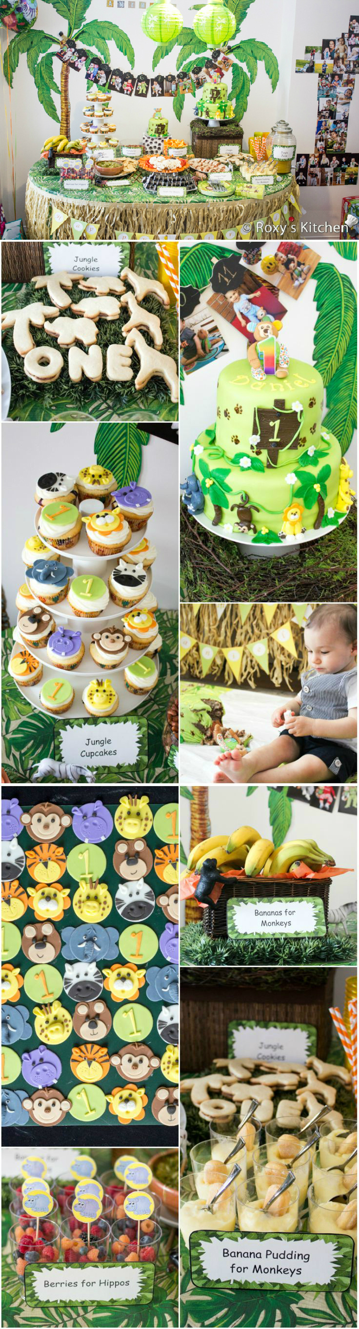 Safari / Jungle Themed First Birthday Party - Dessert Ideas. Great for a Baby Shower Too! Jungle Cake, Smash Cake, Jungle Animal Cupcakes & Toppers, Palm Tree / Elephant / Giraffe Cookies, Banana Pudding, Berries, Bananas