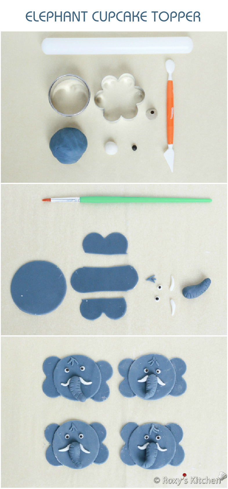 Tutorial with Step by Step Instructions & Photos - How to Make a Fondant Elephant Cupcake Topper