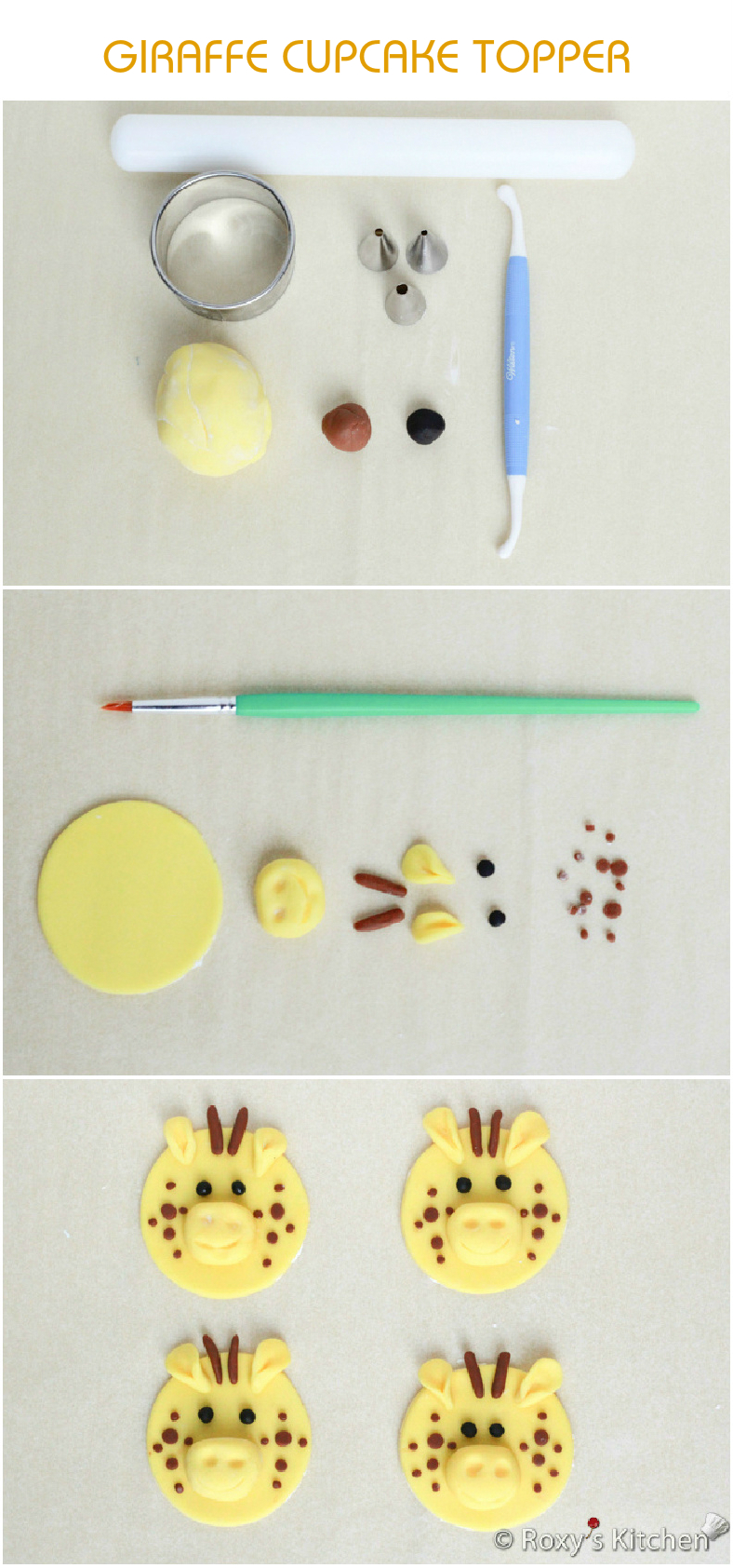 Tutorial with Step by Step Instructions & Photos - How to Make a Fondant Giraffe Cupcake Topper
