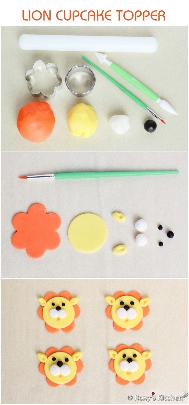 Tutorial with Step by Step Instructions & Photos - How to Make a Fondant Lion Cupcake Topper