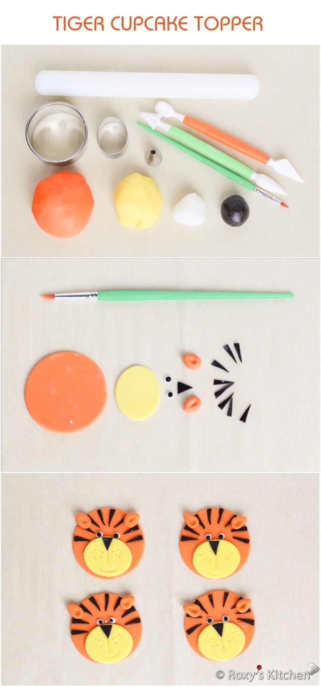 Tutorial with Step by Step Instructions & Photos - How to Make a Fondant Tiger Cupcake Topper