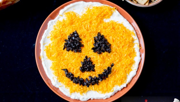 5-Ingredient, 5-Minute Halloween Recipe - Jack O' Lantern Olive Cheese Dip
