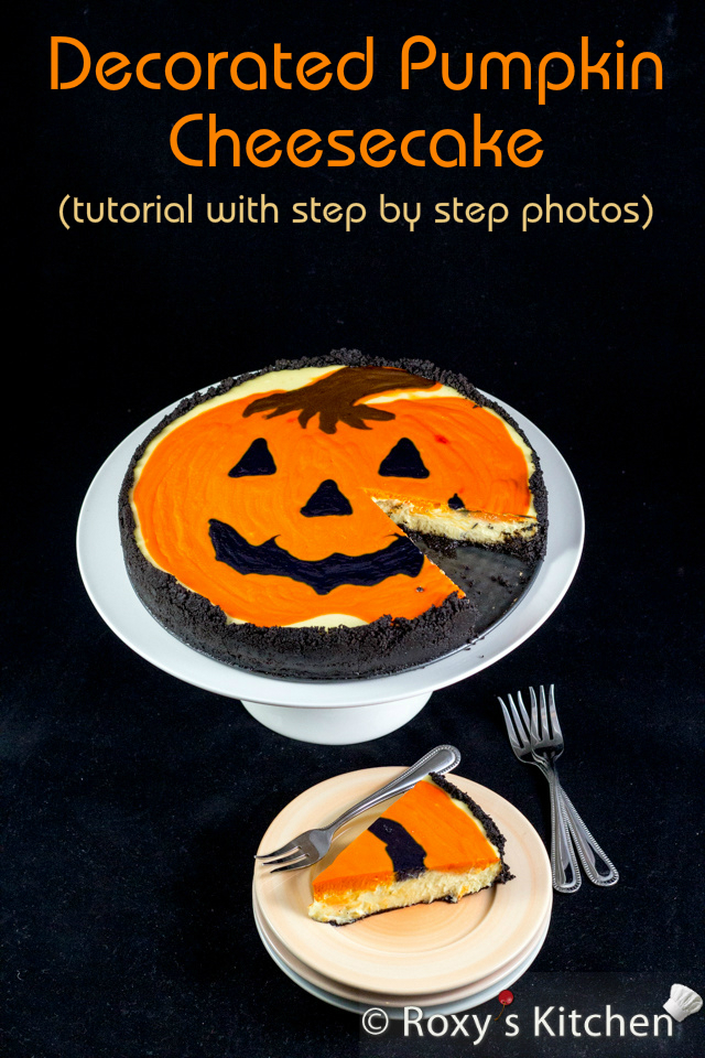 Decorated Pumpkin Cheesecake (tutorial with step by step photos) - Decorating technique is easier than you might think! Colour some of the batter and pipe away!