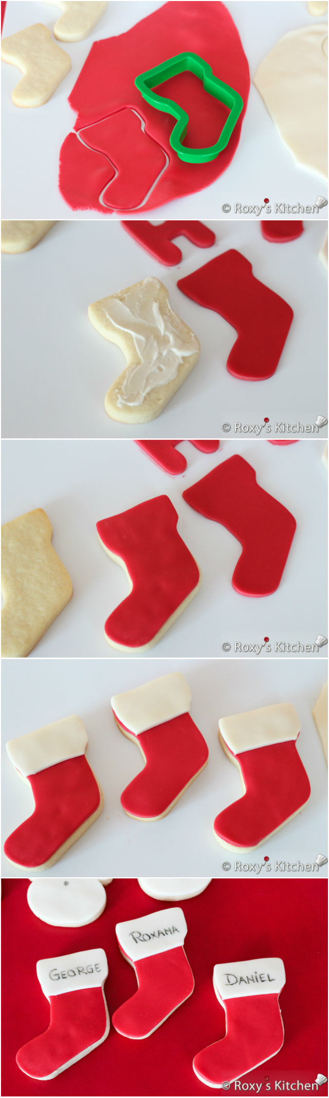 Christmas Stocking Cookies -- Christmas Sugar Cookies Covered with Modeling Chocolate - HO HO HO, snowmen, reindeer, Christmas trees, stockings & presents | Roxy's Kitchen
