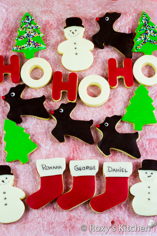 Christmas Cookies Covered with Modeling Chocolate - HO HO HO, snowmen, reindeer, Christmas trees, stockings & presents | Roxy's Kitchen
