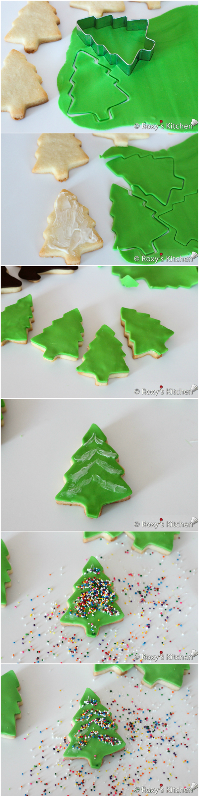 Christmas Tree Cookies --- Christmas Sugar Cookies Covered with Modeling Chocolate - HO HO HO, snowmen, reindeer, Christmas trees, stockings & presents | Roxy's Kitchen