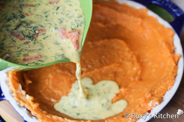 Smoked Salmon Tart with Sweet Potato Crust - Pour the smoked salmon filling and bake  at 180°C (350°F) for 30-40 minutes.