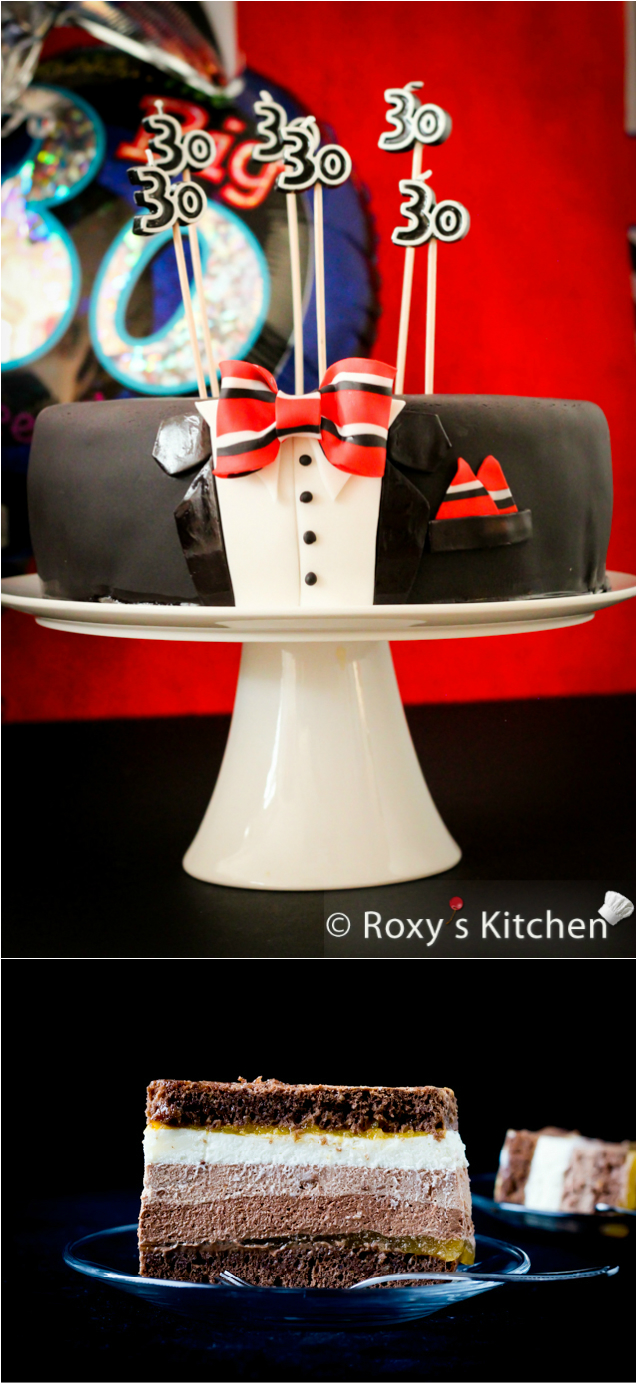 Tuxedo Cake with Triple Chocolate & Peach Jelly Filling | Roxy's Kitchen