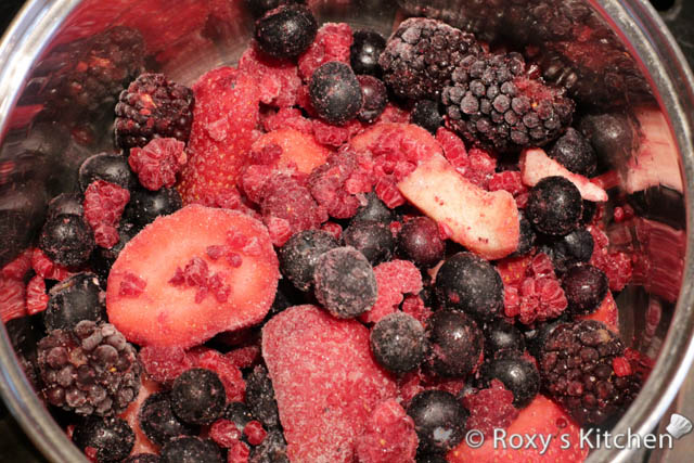 For the wild berry mousse, thaw the berries and bring them to a boil on the stovetop. 