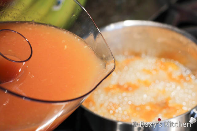 Pour the juice over the orange peel & sugar syrup and let it boil for 15 more minutes. 