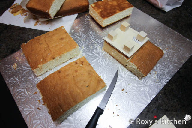 Let the cake cool off and cut it into 3 rectangles and 1 square.