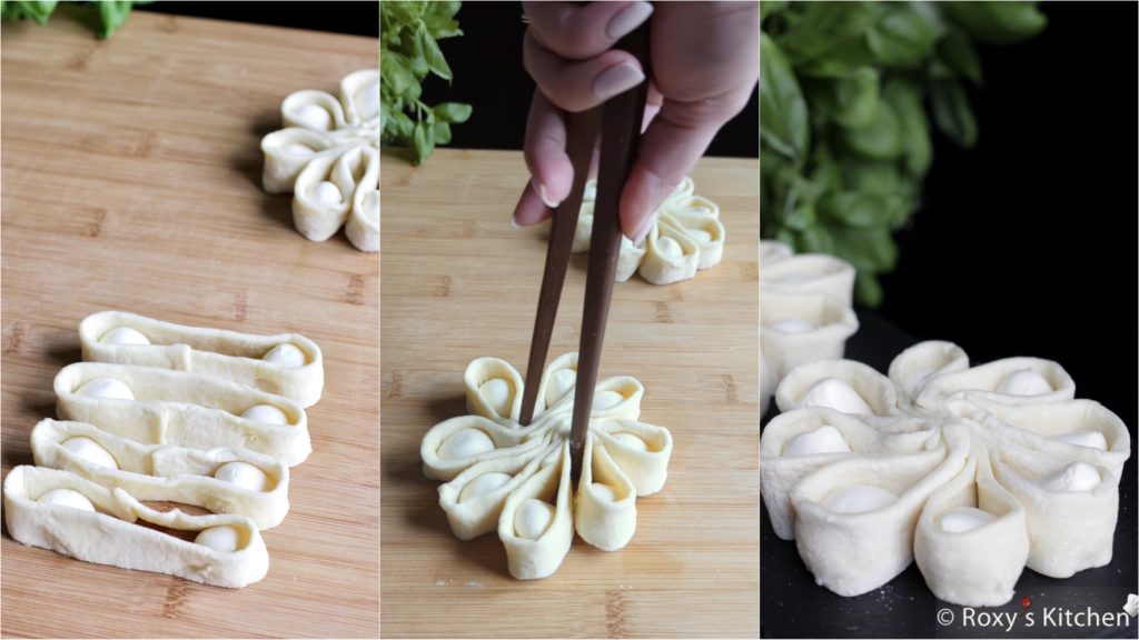 Bocconcini / Mozzarella Cheese Balls in Puff Pastry - Shape them like flowers using chopsticks! 