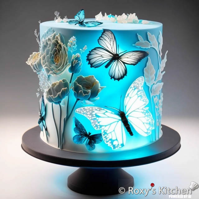 Light Blue and White Cake with Flowers and Butterflies