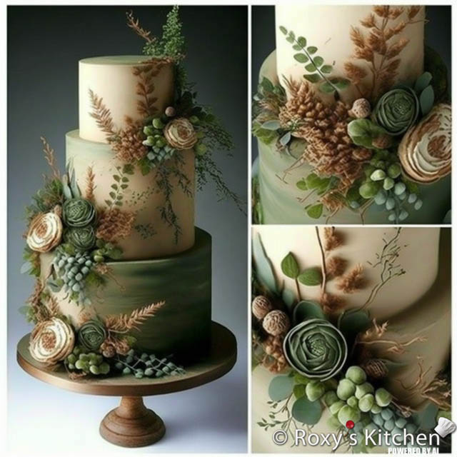 A tall wedding cake for a Rustic Green and Beige Neutral Wedding
