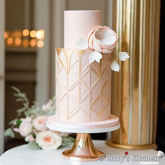 A tall cake for a chic and romantic blush pink modern wedding with thin strips of metallic accents. 