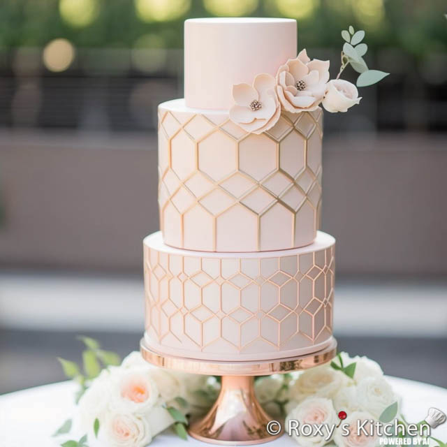 A tall cake for a chic and romantic blush pink modern wedding with thin strips of metallic accents. 
