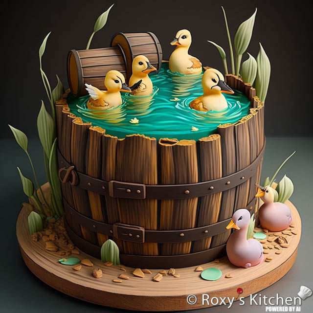 Wood Barrel Cake with Ducks Floating