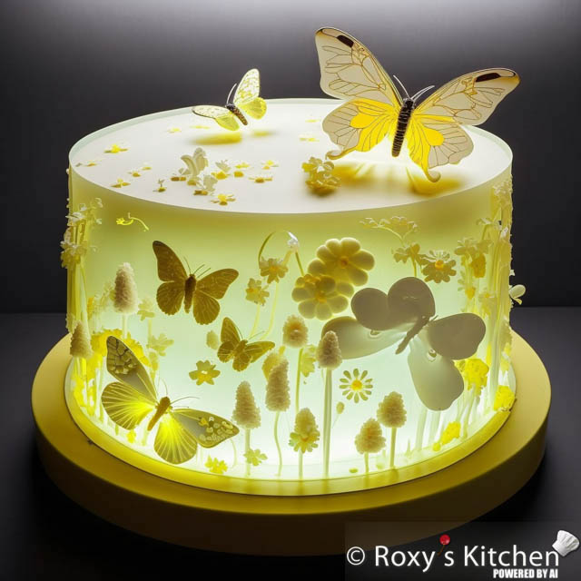 Yellow and White Cake with Flowers and Butterflies