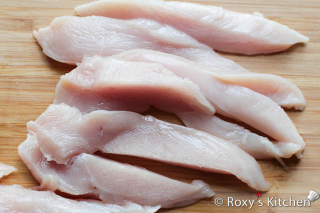 Cut the chicken breast, lengthwise, into thin strips. 