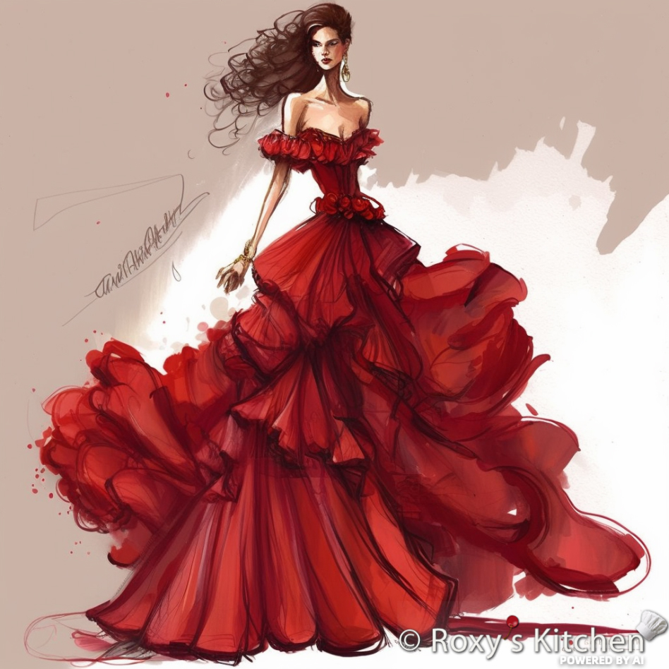 Imagine of a lady in a long red dress
