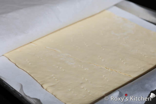 If you don’t want your puff pastry to rise too much and be too flaky after being baked, place a piece of parchment paper on top. 