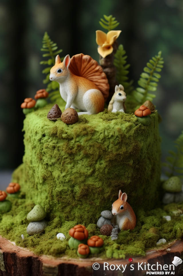 Tree Stump Covered in Moss Cake with Squirrels on Top