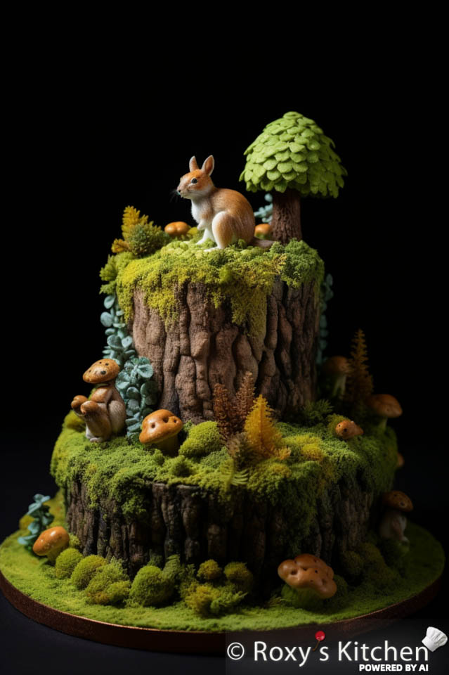 Tree Stump Covered in Moss Cake with Squirrel on Top