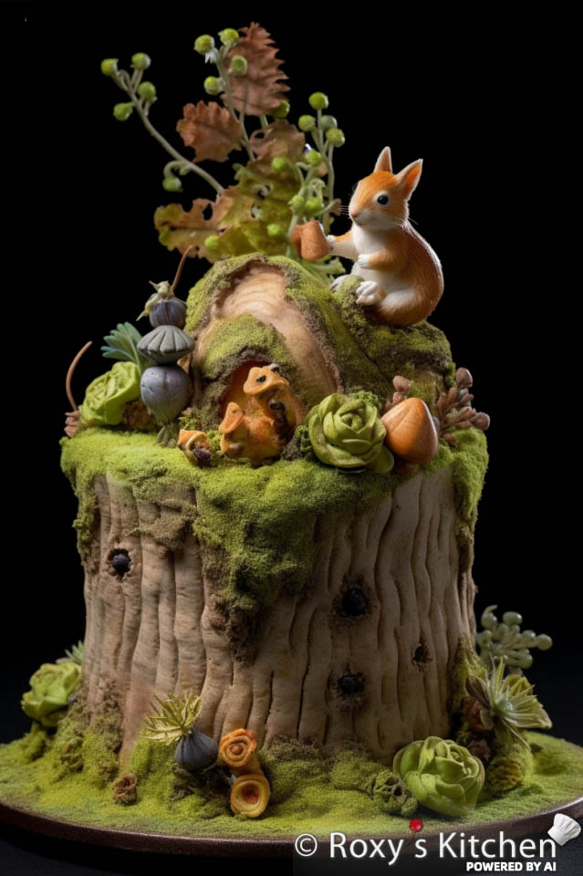 Tree Stump Covered in Moss Cake with Squirrel on Top