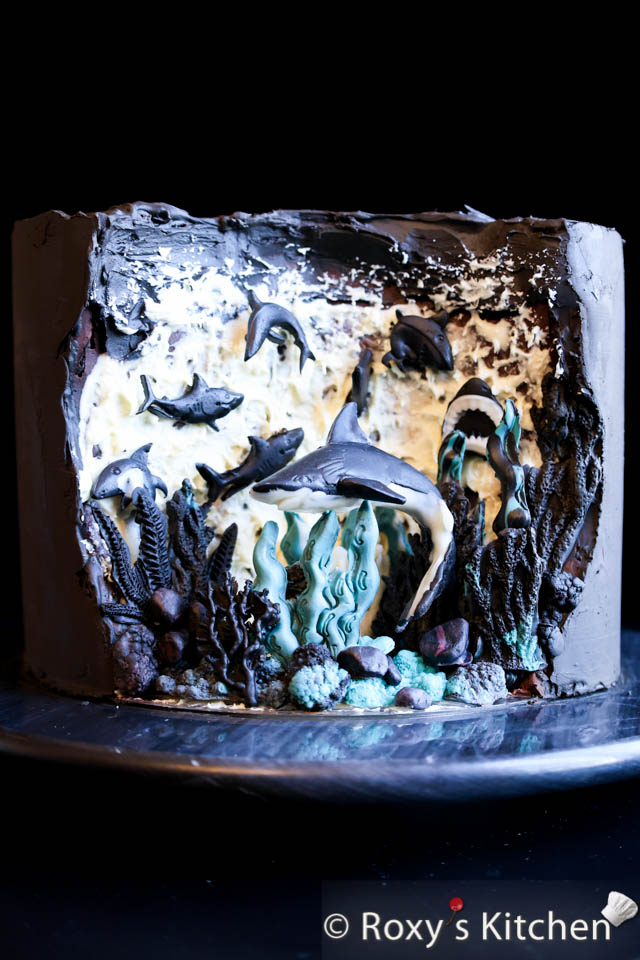 Underwater Sharks Cake with sharks, seaweed, corals, rocks made out of modeling chocolate