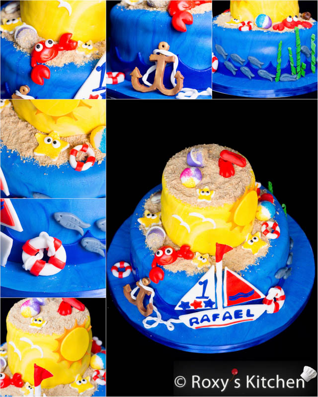 Beach/Nautical Cake Tutorial - Part II: Making the Fondant Decorations. Learn how to make how to make beach/nautical cake fondant waves, a shiny sun, a sailing boat, crabs, starfish, fish, beach balls, snorkelling fins, sand buckets, boat life rings and a boat anchor & rope. 