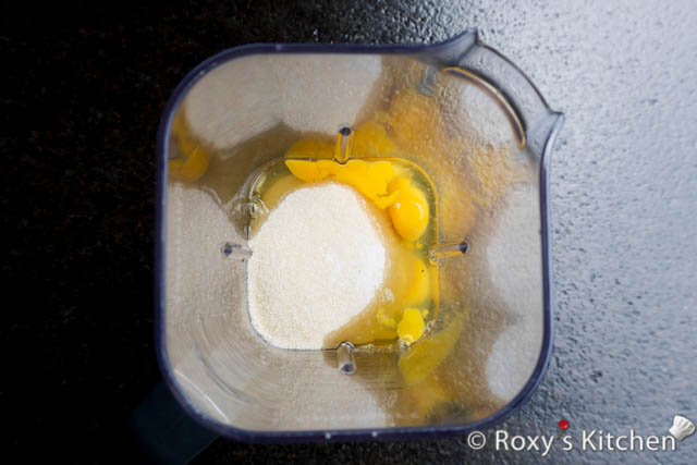Add the eggs and sugar to a blender. 