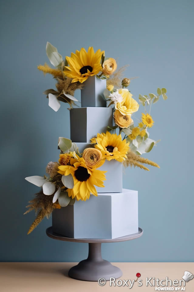 Four-Tier Dusty Blue Cake with Vibrant Sunflowers